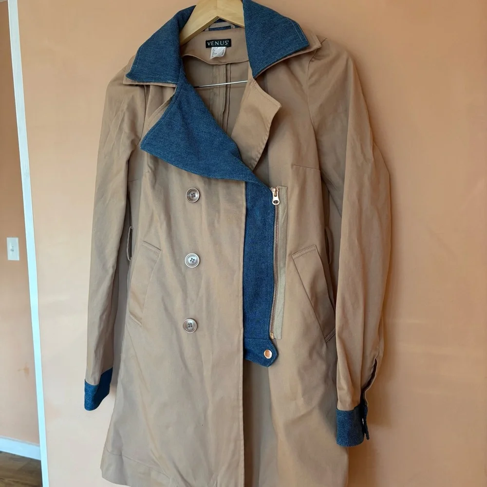 Venus Trench Coat Denim Trim Cotton Sz 4 - Picture 10 of 15